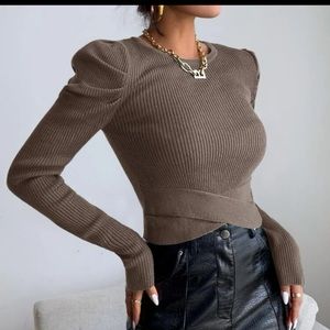 Solid brown puff sleeve sweater